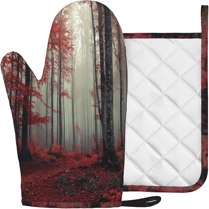 Forest Oven Mitts and Pot Holders Sets Red Trees Landscape Silicone Heat - Image 2