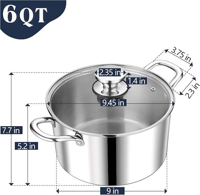 P&P CHEF 6 Quart Tri-Ply Stainless Steel Stock Pot, 6 Qt Stockpot Pasta Cooking - Image 2