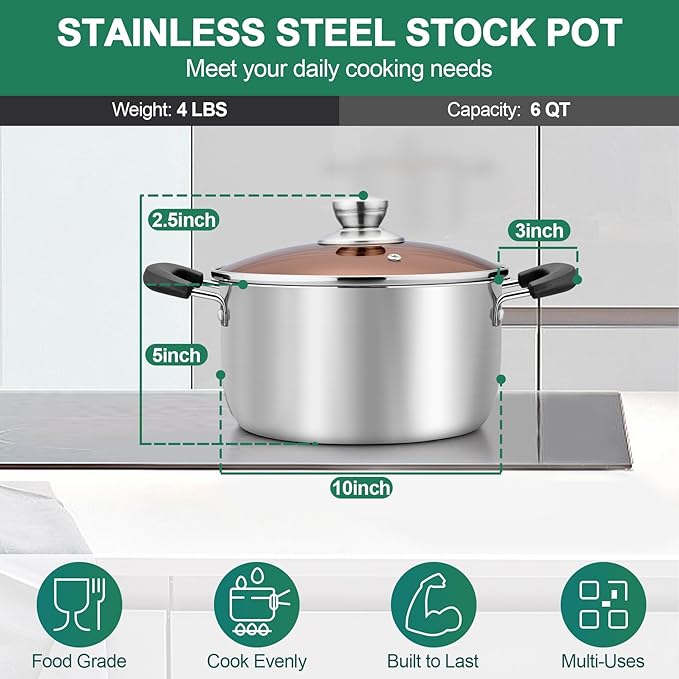 TeamFar Stock Pot 6 qt, Stainless Steel Stock Pasta Soup Pot - Image 2