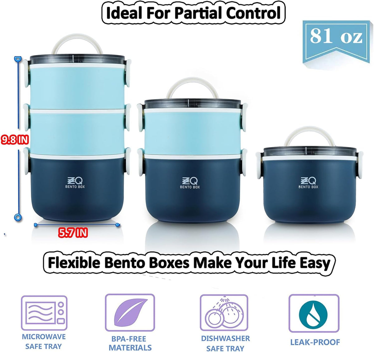 3-Tier Stackable Lunch Box Adult Bento Box Set with Thermo Bag