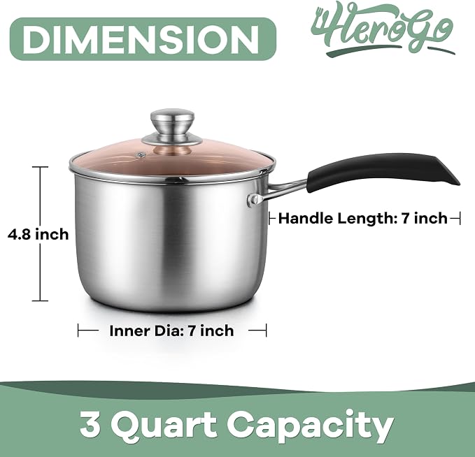 Herogo 3 Quart Saucepan, 18/10 Stainless Steel Sauce Pan Pot - Image 2