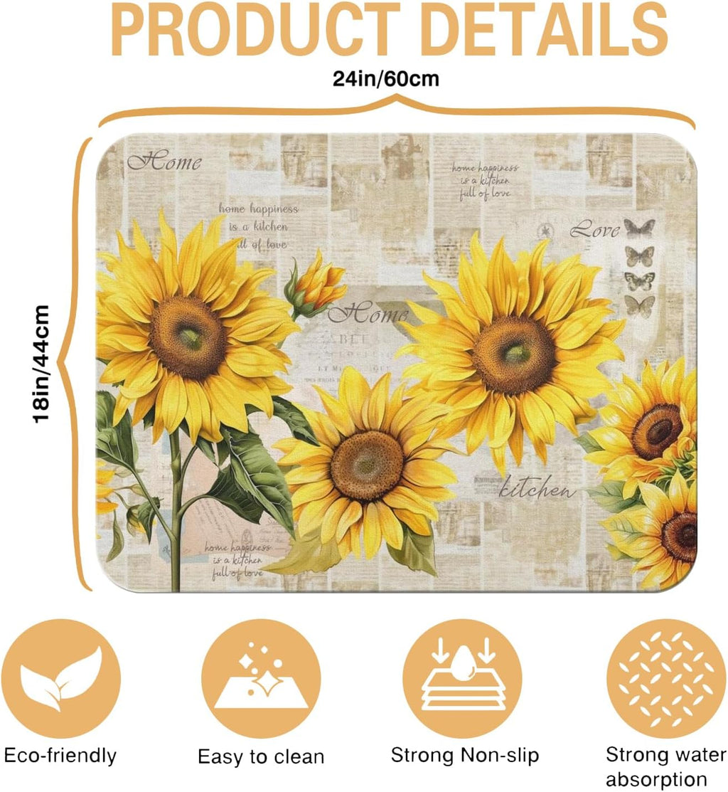 Sunflower Kitchen Countertop Dish Drying Mat,Super Absorbent Coffee