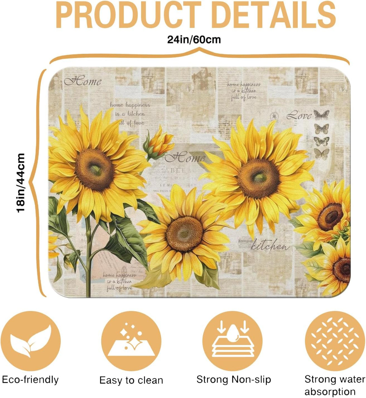 Sunflower Kitchen Countertop Dish Drying Mat,Super Absorbent Coffee