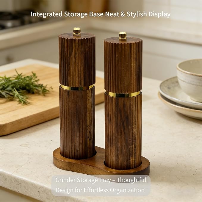 8 Inch Wooden Salt and Pepper Grinder Set, Adjustable Coarseness, Acacia Wood - Image 5