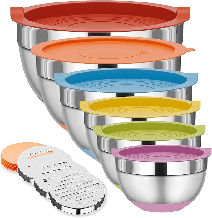 Fyrnova Mixing Bowls with Lids Set, 6 Piece Stainless Steel Nesting Storage by Fyrnova