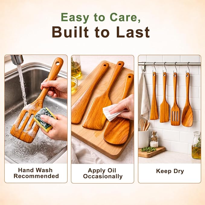 Wooden Kitchen Utensil Set, 4-Piece Teak Wood Cooking Utensils - Image 6