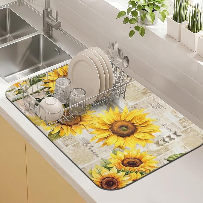 Kitchen Countertop Dish Drying Mat, Super Absorbent Coffee Bar Mat by Kuyig+Home