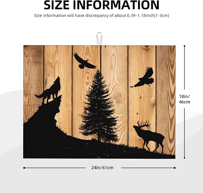Retro Rustic Wolf Deer Forest Brown Wood Dish Drying Mat - Image 2