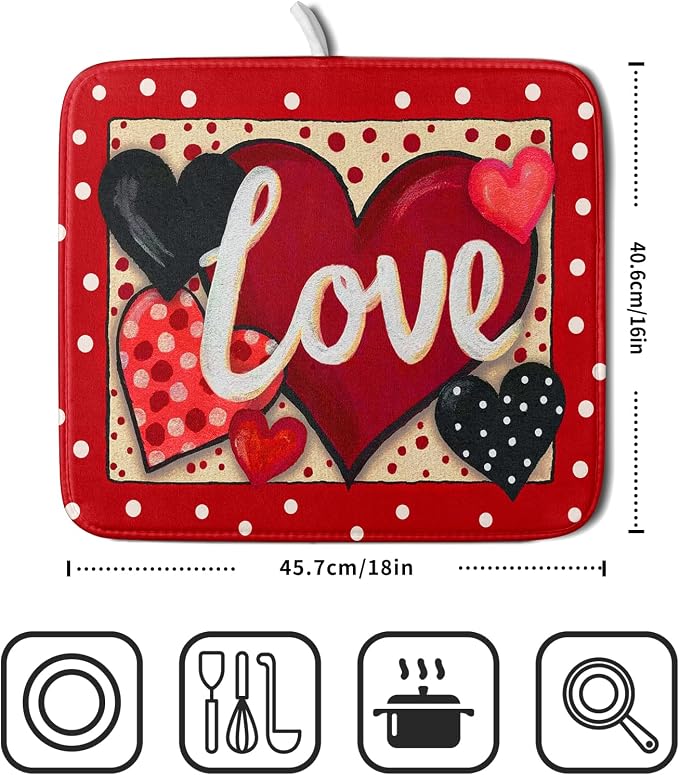 Love Heart Dish Drying Mat 16"x18" Red Dots Microfiber Dish Rack Mat Holiday - Image 2