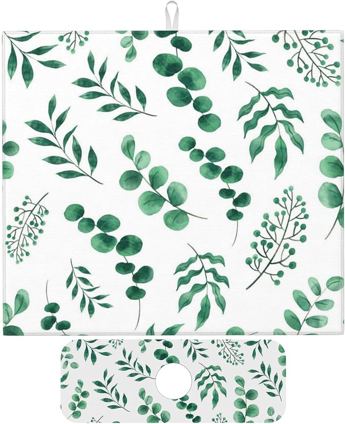 Watercolor Plant Green Leaves Dish Drying Mat by Unknown