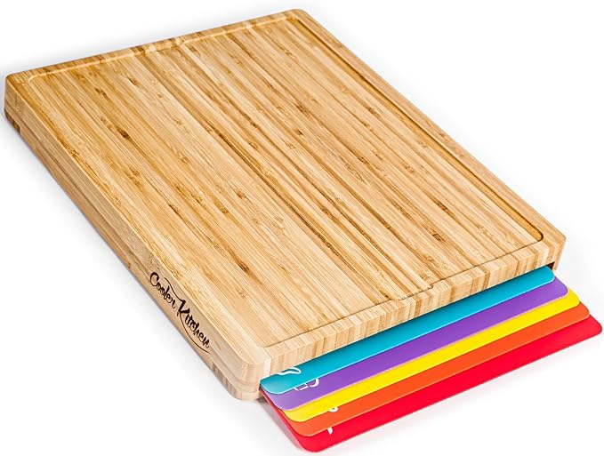 Bamboo Cutting Board Set with 6 Color Coded Mats with Food Icons, BPA-Free Non by CoolerKitchen