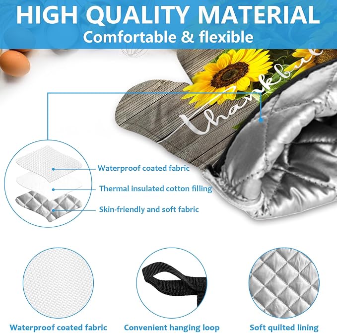 Sunflower Wood Grain Oven Mitts and Pot Holders Sets Heat Resistant 4Pcs - Image 3