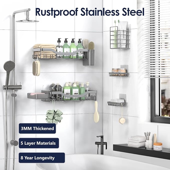 NESOMI Shower Caddy Adhesive Shower Organizer 7-Pack, Rustproof Stainless Steel - Image 5