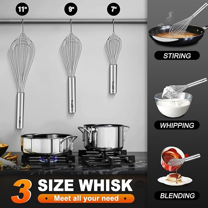 Walfos Whisk, 304 Stainless Steel whisk, No-Rust 7+9+11inch Whisks - Image 4