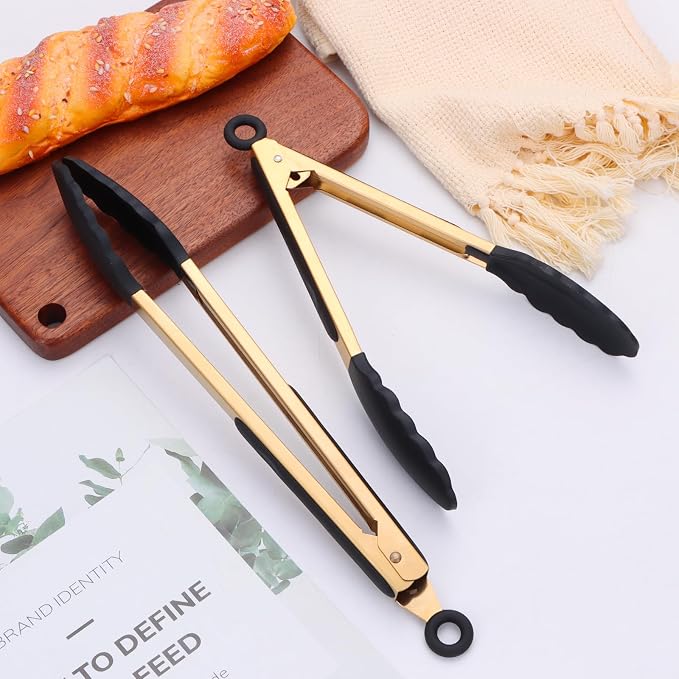 Stainless Steel Classic Kitchen Serving Food Party Gold Tongs 9" and 12" - Image 5
