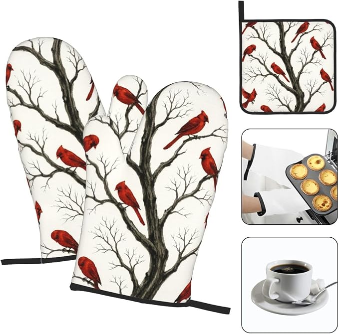 Christmas Pot Holders and Oven Mitts Set of 3, Winter Red Cardinal Kitchen - Image 3