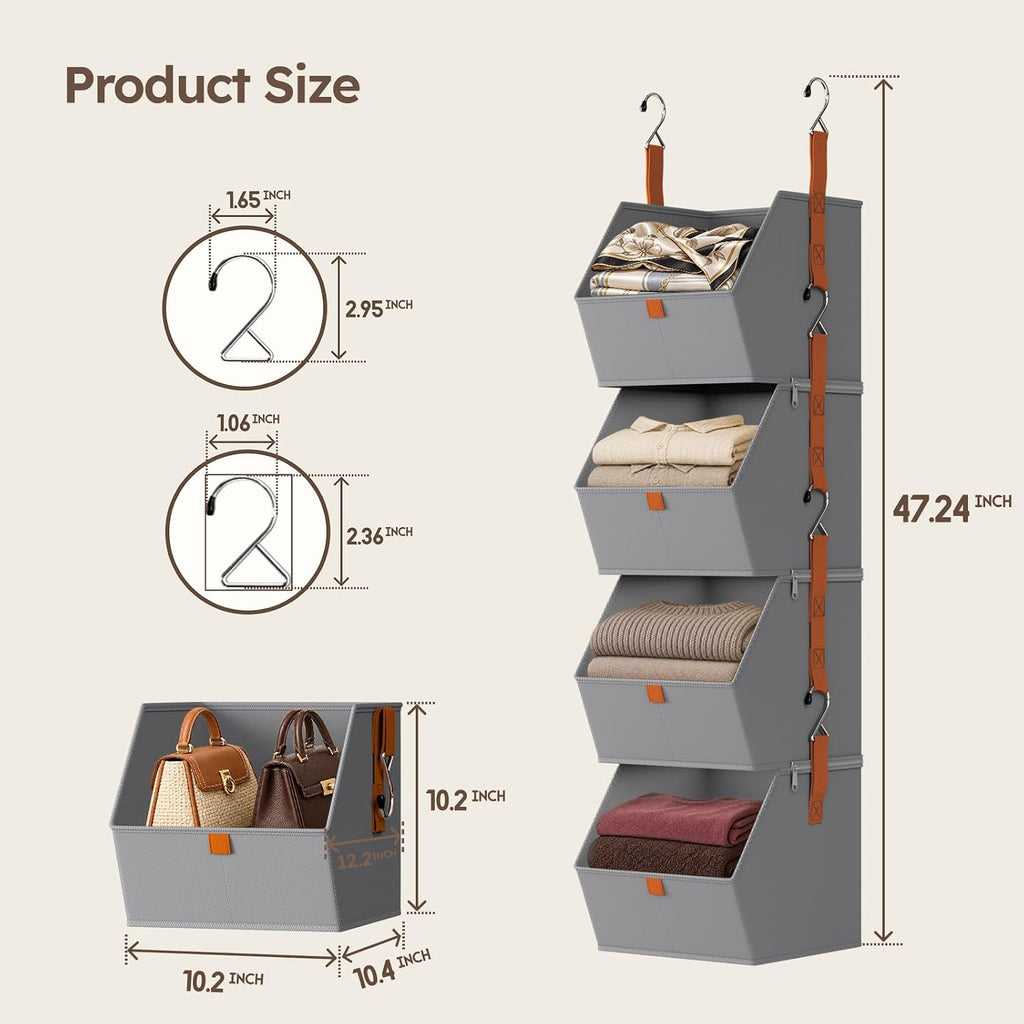 Hanging Closet Organizer, Modular 4-in-1 Hanging Shelves, Grey