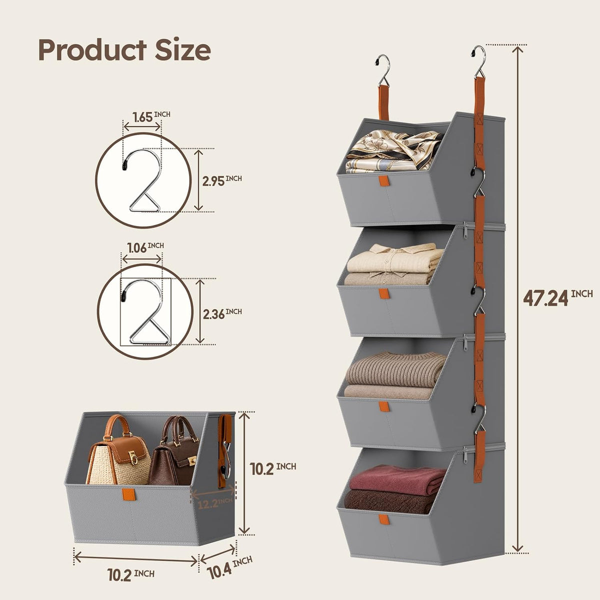 Hanging Closet Organizer, Modular 4-in-1 Hanging Shelves, Grey