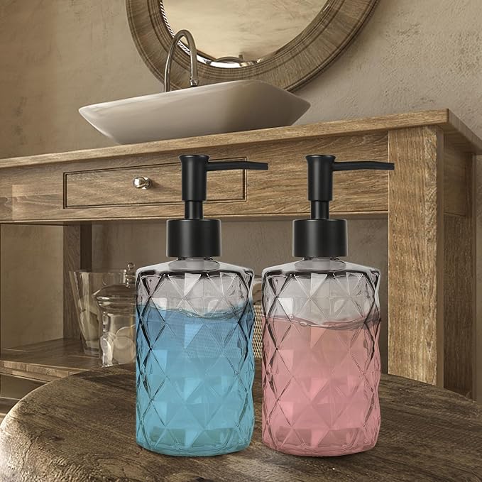 Glass Soap Dispenser with Plastic Pump, 2 Pack 12oz Gradient Diamond Design - Image 7