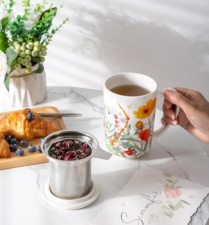 AmorArc Porcelain Tea Mug with Infuser and Lids, 18 Oz Large Cup Strainer with - Image 5