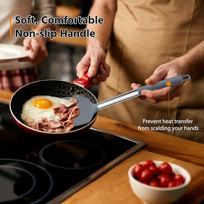 Silicone Spatula Set of 2, E-far Solid & Slotted Turner - Image 4