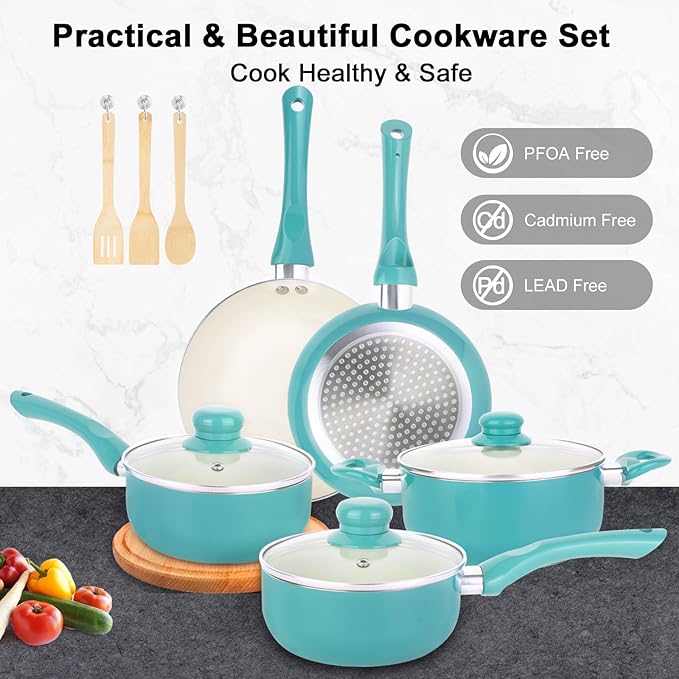 M MELENTA Pots and Pans Set Nonstick, Ceramic Non Stick Cooking Set, Stay Cool - Image 6
