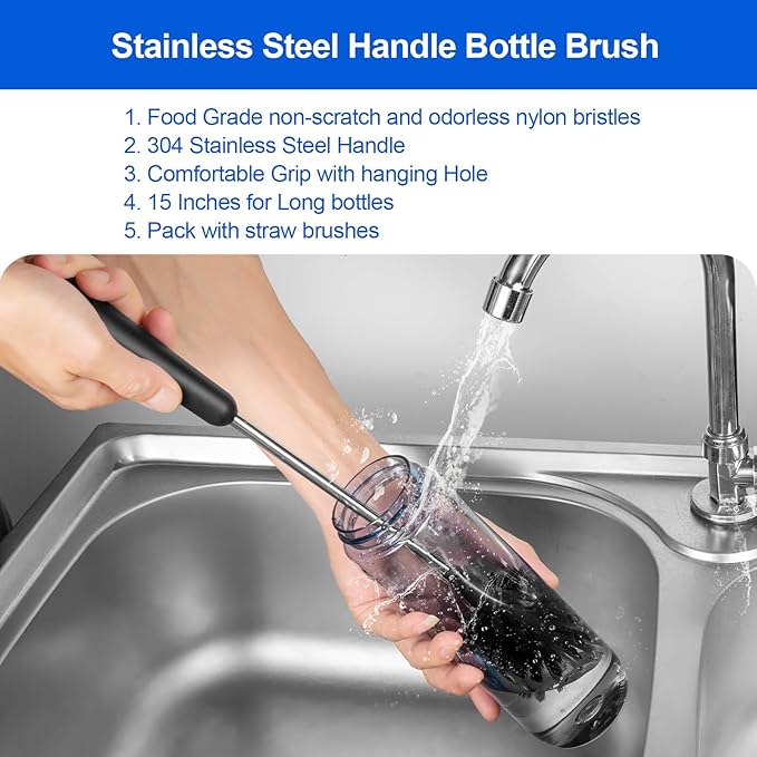 Bottle Brush, Long Stainless Steel Handle Water Bottle Brush Cleaner, Sports - Image 2