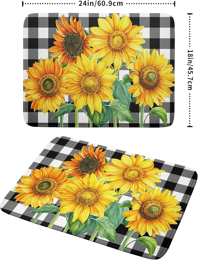 Sunflower Dish Drying Mat for Kitchen Counter Watercolor Black White Plaid - Image 2