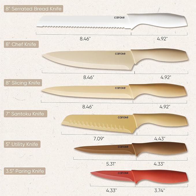 CAROTE Knife Set, 12 Pieces Kitchen Knife Set, 6 Stainless Steel Knives - Image 2