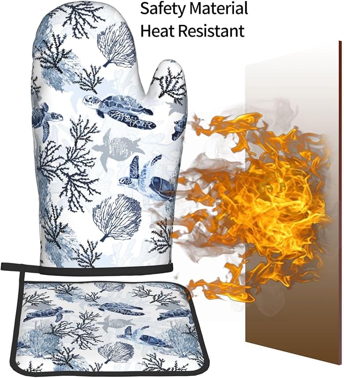 Navy Blue Ocean Sea Turtle Oven Mitts and Pot Holders Sets of 3, Heat Resistant - Image 7