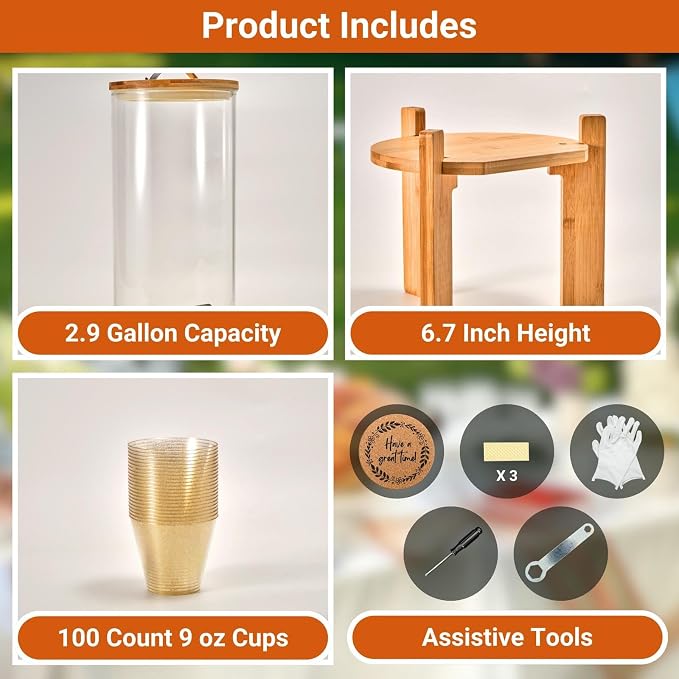 Glass Beverage Dispenser with Bamboo Stand and Lid, Iced 2.9 Gallon Drink - Image 6