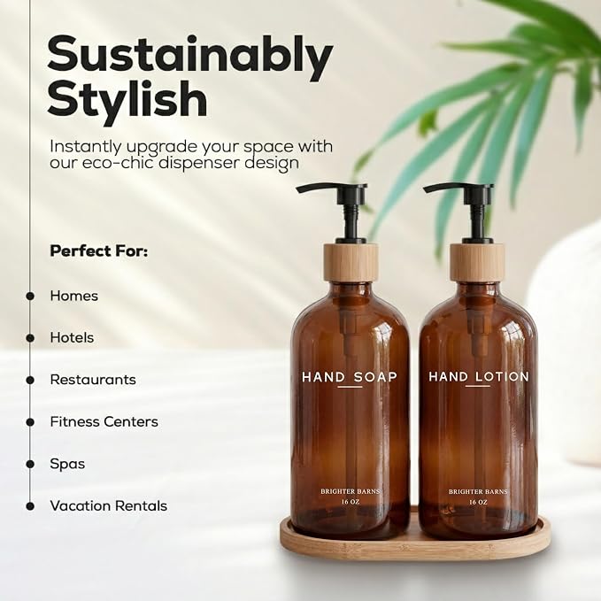 Amber Glass Soap and Lotion Dispenser Set - Image 2