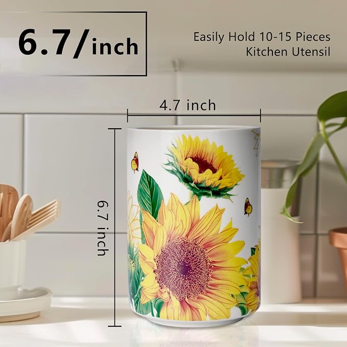 Sunddo Sunflower Utensil Holder, 6.7" Large Utensil Crock, Ceramic Cooking - Image 3