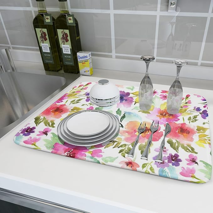 Spring Floral Dish Drying Mat for Kitchen Counter Flower Microfiber Absorbent - Image 6