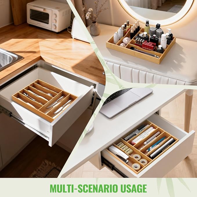 Bamboo Silverware Organizer, Bamboo Kitchen Drawer Cutlery Organizer, Utensil - Image 5