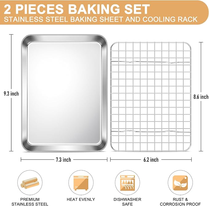 E-far Baking Sheet with Rack Set, 9.5” x 7.3” Stainless Steel Cookie Sheet - Image 2