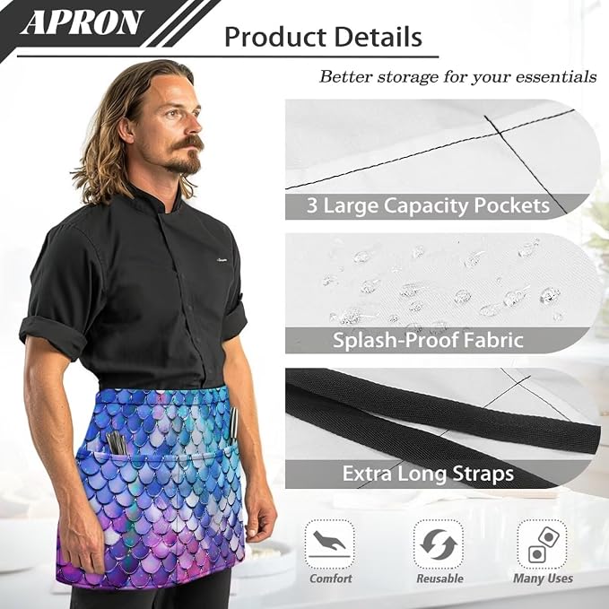 Server Apron with 3 Pockets, Waterproof Oil Waitress Waiter Half Apron - Image 6