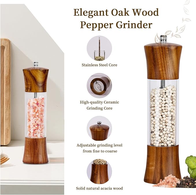 XWXO Acacia Wood Premium Acrylic Salt and Pepper Grinder Set 8 Inches Salt and - Image 3