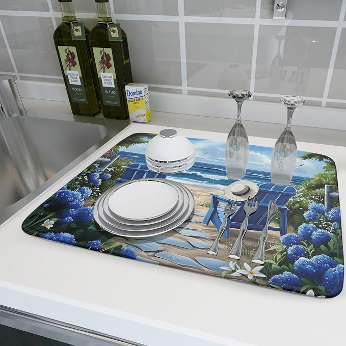 Summer Beach Dish Drying Mat 18x24 Inch Sea Shells Flowers Kitchen Mats Blue - Image 6