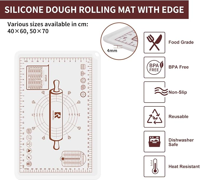 Silicone Baking Mat 20"L x 28"W, Extra Thick Dough Rolling Pad - Image 4