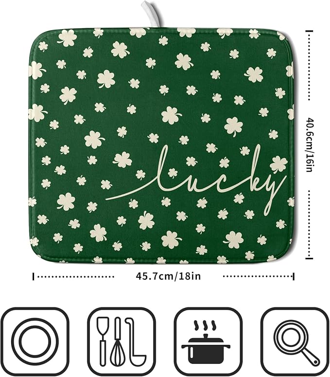 Giwawa St Patricks Day Dish Drying Mat Green Lucky Clovers Dish Drainer Mats - Image 2