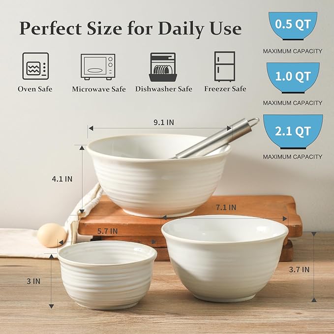 HASENSE Ceramic Mixing Bowls Set, 2.1/1.0/0.5 Qt, Handmade Salad Serving Bowls - Image 2