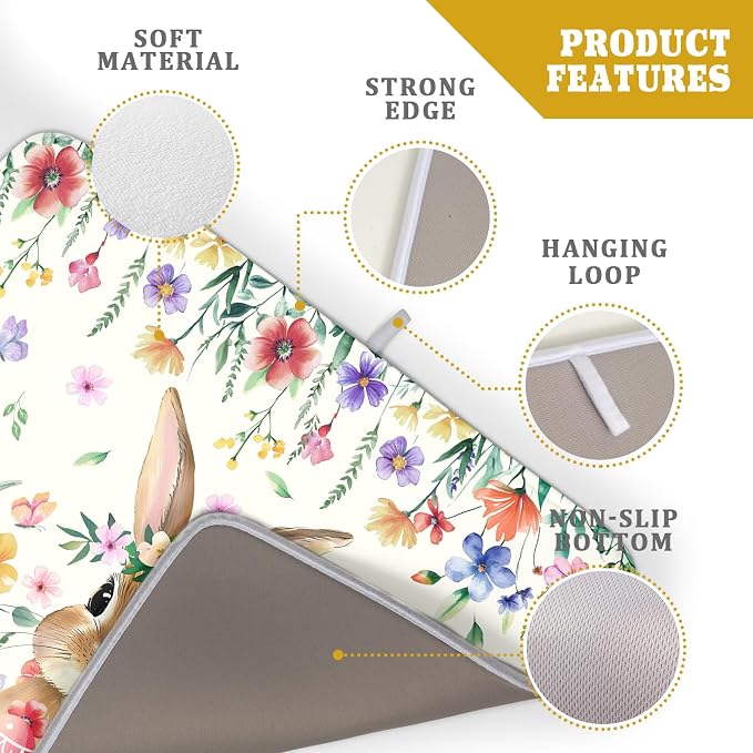 Giwawa Easter Rabbit Dish Drying Mat Spring Flower Dish Drainer Rack Mats 18x24 - Image 4