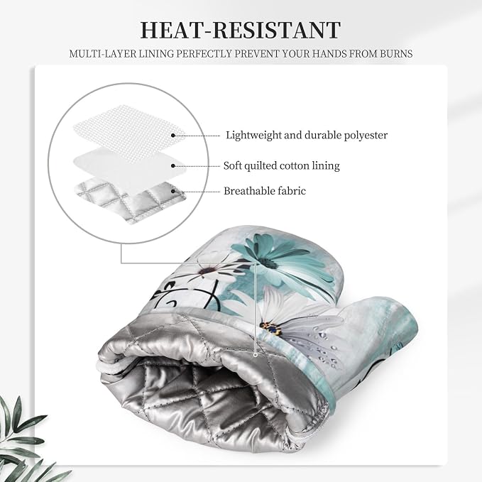 Teal Daisy Oven Mitts Pot Holders Set Silicone Heat Resistant Farm Teal Daisy - Image 4