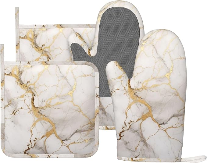 Oven Mitts and Pot Holders Marble Gray Gold White Silicone Kitchen Accessories by DADABULIU