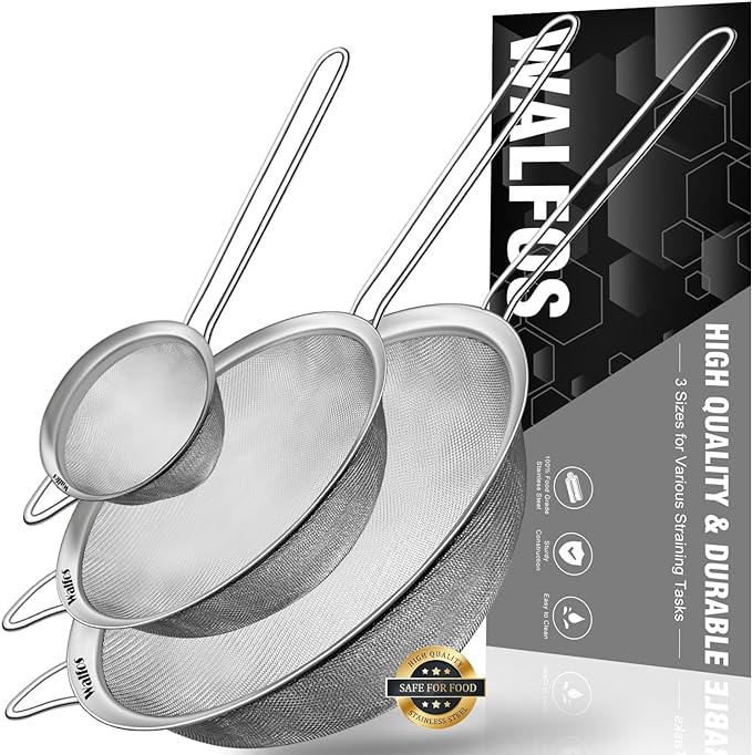 Walfos Fine Mesh Strainers Set, Premium Stainless Steel Colanders and Sifters by Walfos