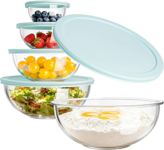 Luvan Glass Mixing Bowl with Lids Set of 5, Space-Saving Nesting Bowls by Luvan