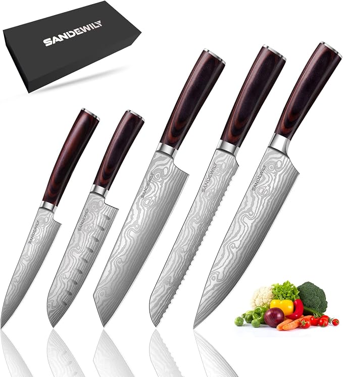 Professional Kitchen Knife Set, 5-Piece High Carbon German Stainless Steel Chef by SANDEWILY