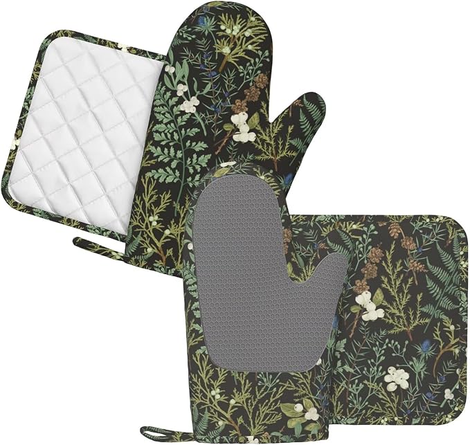 Botanical Print Floral Oven Mitts and Pot Holders Set of 4 Silicone Black Sage - Image 2