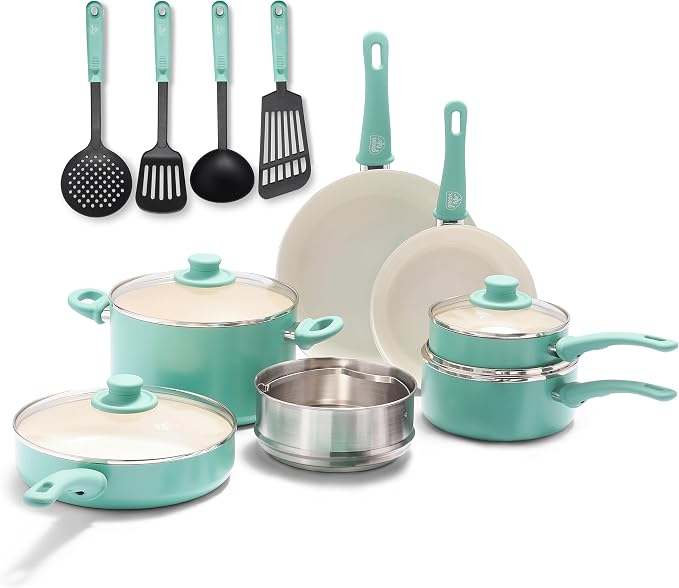 GreenLife Soft Grip Healthy Ceramic Nonstick, 15 Piece Cookware Pots and Pans by GreenLife